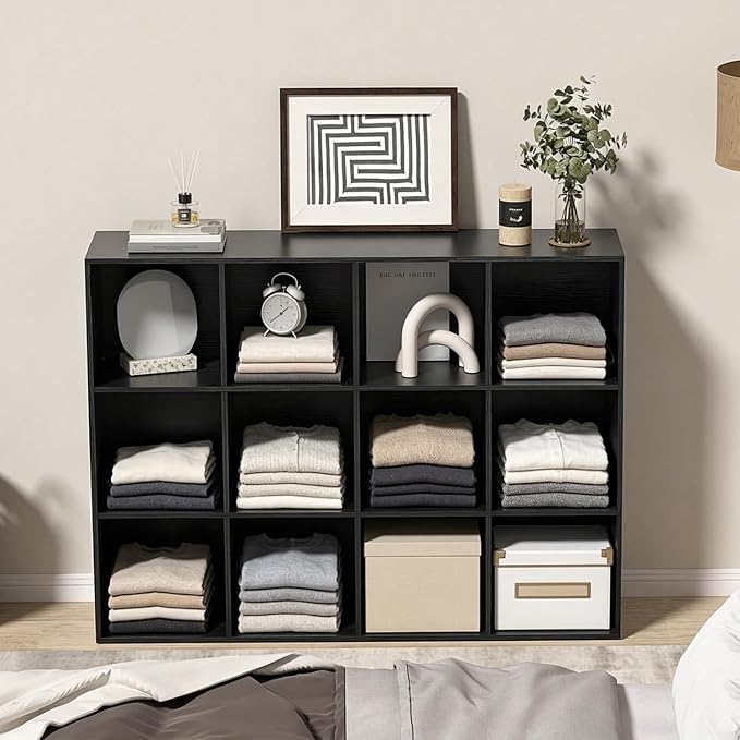 Wooden 12 Cube Storage Organizer with Closed Back Panel,Black Cube Shelf Cubby Storage Organizer with Compartments for Living,Bookshelf, Easy to Install (Black, 12-Cube-11in)