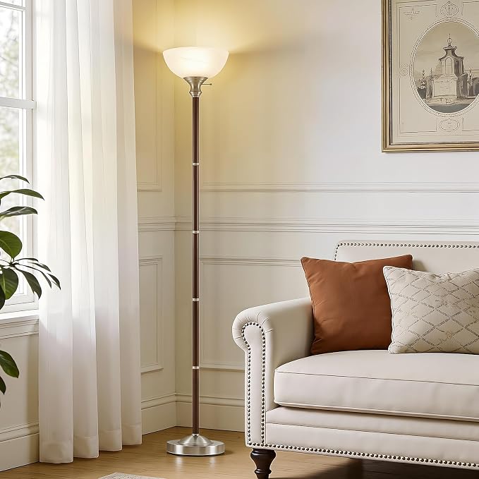 Wood Floor Lamp for Living Room - Walnut Standing Lamp with Glass Shade Torchiere Floor Lamps for Bedroom - Mid Century Modern Corner Tall Lamps for Home Office Nursery Industrial Reading Light