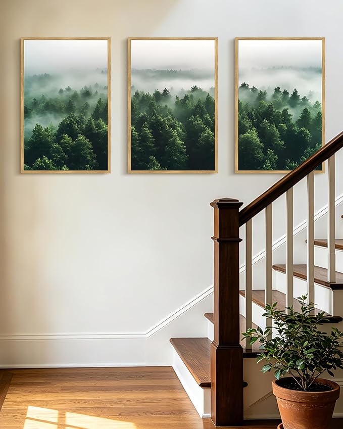 KUVIOKE Green Fog Pine Tree Framed Wall Art Nature Nordic Misty Forests Artwork Morden Painting Bedroom Decor 16x24in (Natural Framed)