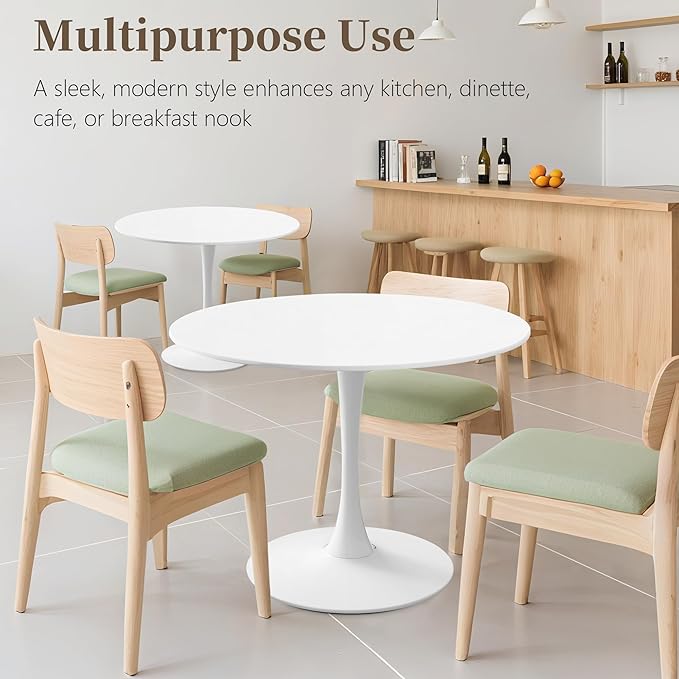 42 Inch Round Dining Table,Mid-Century Tulip Table with Metal Pedestal Base,Modern Leisure Table for Small Space Kitchen Dining Room,Easy Assembly,White