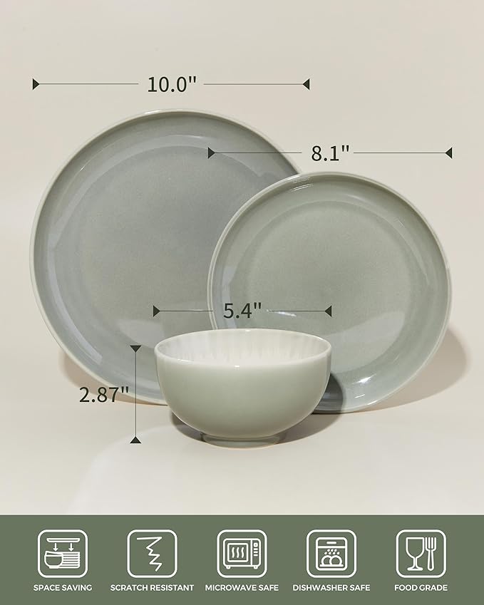 Pokini Stoneware Dinnerware Sets, Ceramic Plates and Bowls Set, Microwave & Dishwasher Safe Kitchen Dish Set, Modern Dinner Salad Plates | Cereal Bowls for 4, Dishware Sets Gray Green