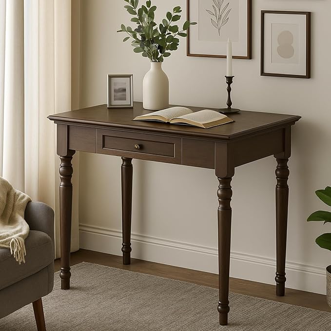 ADORZ Walnut Desk with Drawers, 35 Inch French Country Desk Solid Wood Writing Desk for Home Office, Study Workspace or Bedroom (Walnut, 35 inches)