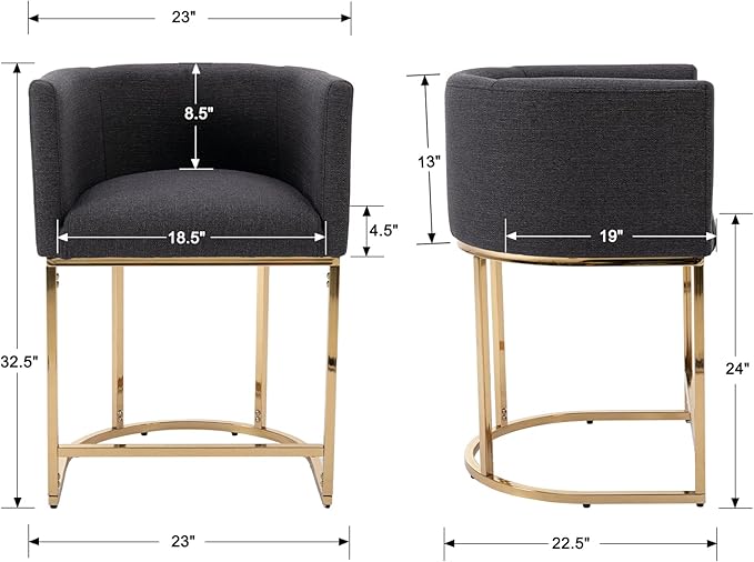 Contemporary Charcoal Linen Bar Stool, 24" Upholstered Fabric Counter Height Barstool Kitchen Counter Island Stool with Screwed Together Golden Metal Base