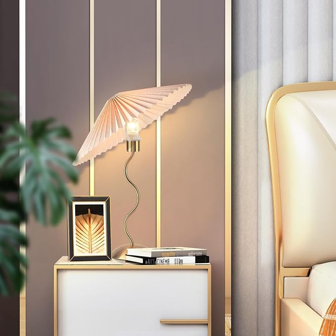 Ziqqeelam Gold Pleated Small Table Lamp, Brass Modern Bedside Table Lamp for Bedroom, Mini Pleated Lamp Shape, MCM Table Lamp Bedroom Bow Lamps for Nightstand