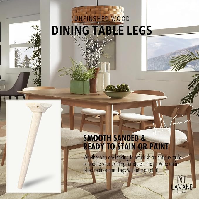 La Vane 28 inch / 70cm Wooden Table Legs with Mounting Blocks, Set of 4 Mid-Century Modern Tapered Unfinished Solid Wood Replacement Legs for Bench Coffee Table Dining Table Chair Desk