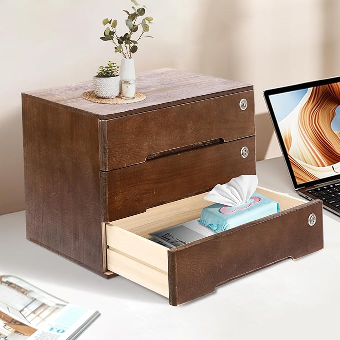 Desktop File Organizer with Lock, 2/3/4 Tier Multi-Drawer Wooden Storage Cabinet, Office Supply Organizer for Home Desk, Study & Workplace (Walnut, 3 Layers)