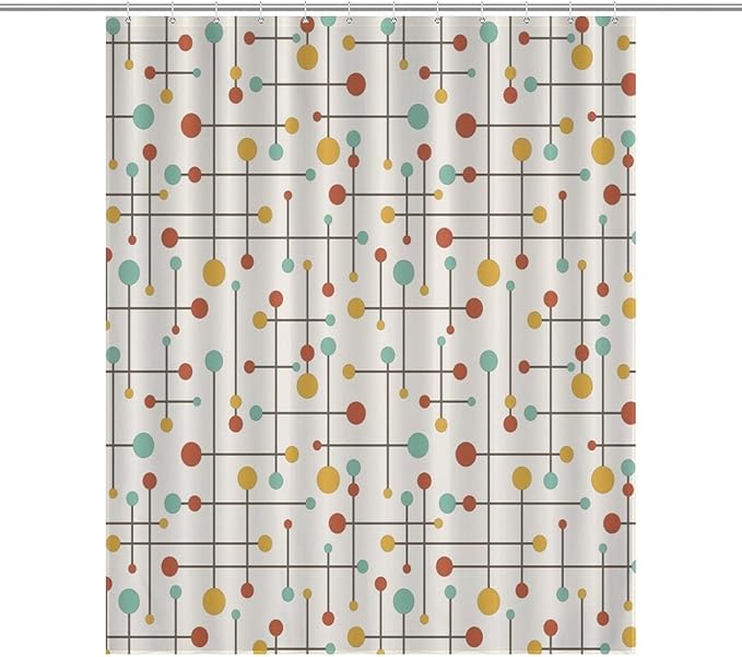 Vintage Atomic Geometric Shower Curtains, Modern Mid Century Classic 70s Lconic Colorful Pattern Washable Waterproof Fabric for Bathroom Decor Bathtub with 12 Hooks 55x72in（140x183cm）