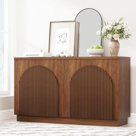 Yechen Walnut Fluted Sideboard Buffet Cabinet with Arched Reeded Design Doors, Mid Century Modern Credenza Storage Cabinet with 2 Adjustable Shelves Inside, for Living Room Kitchen Dinning Hallway