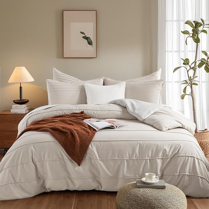 NEXHOME PRO 100% Organic Cotton Duvet Cover Oversized Queen Size, Linen Like Pleated Textured Tannish Linen Grey Duvet Cover Set, 3pc Bedding Set with Zipper Closure, Soft,98"x98", No Comforter