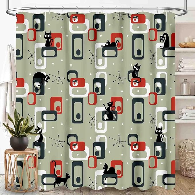 Mid Century Shower Curtain for Bathroom, Modern Cat Abstract Atomic Geometric Print Lovely Black Kittey Retro 1950s 1960s Black Waterproof Fabric Shower Curtain Set with Hooks, 72"x78" Inch