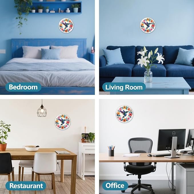 peacoblue Wall Clocks Battery Operated 12 Inch Hummingbird and Flowers Glass Round Wall Clock Non Ticking for Kitchen Living Room Dining Room Bedroom and Bathroom Decor (Battery not Included)
