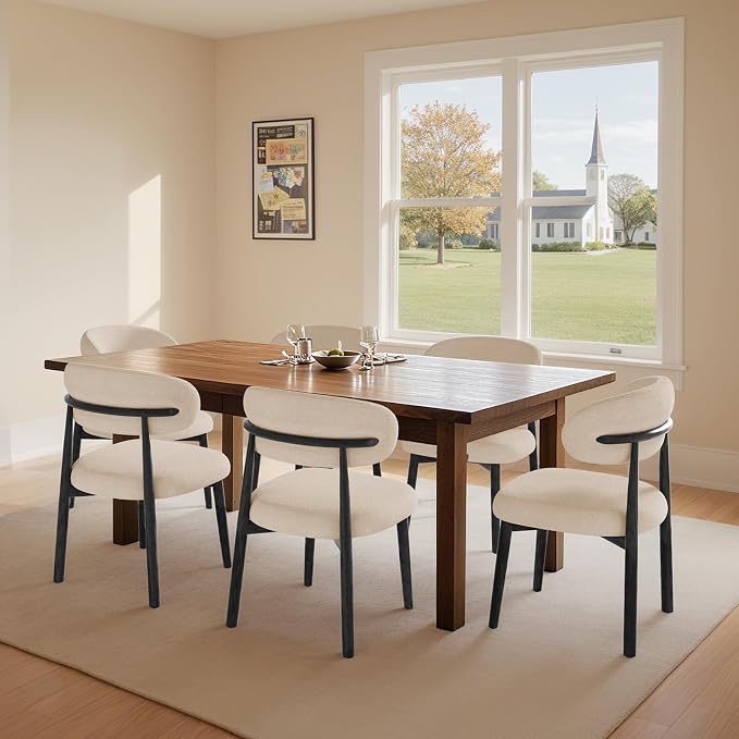 Farmhouse Dining Chairs Set of 6, Mid Century Modern Fabric Upholstered Kitchen Chairs, Wooden Dining Room Chair with Curved Back&Black Legs for Kitchen Dining Room Restaurant Cafe, Beige, Only Chairs