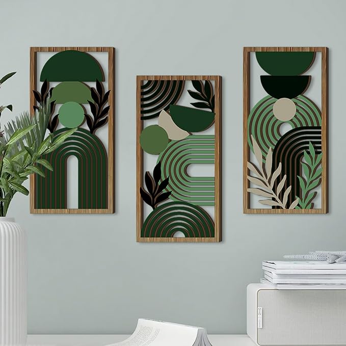 LB Modern Geometric Wall Art Set of 3, Boho Abstract Mid Century Wall Decor Wooden Framed, Green Striped Black Leaf Hanging Decoration for Living Room Bedroom Home Office, 15.8 x 8 inches