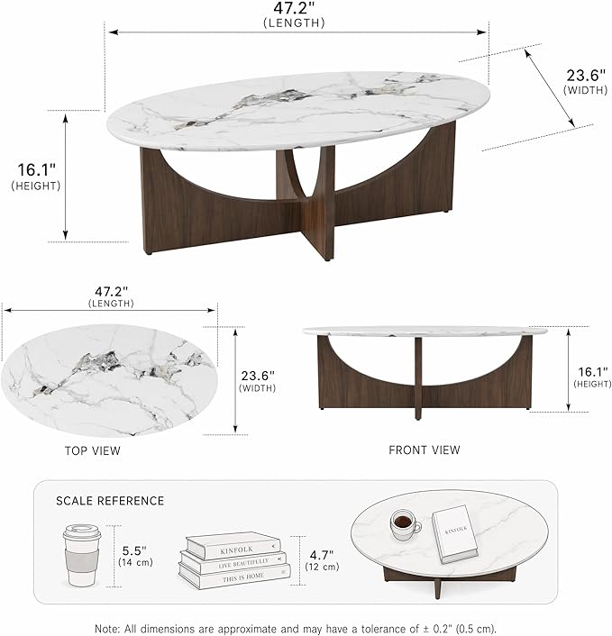 Honyee Oval Coffee Table 47 Inch for Living Room, White Marble-Look Center Table with Wood Base, Large White Oval Coffee Tables for Home Apartment Small Spaces