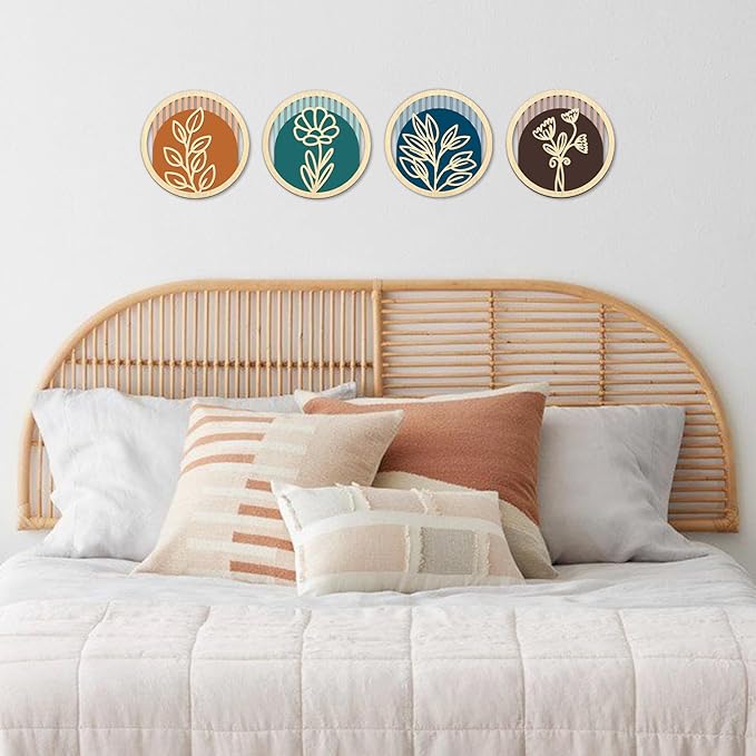 TOARTi 4Pcs Wooden Boho Floral Wall Art Set, Modern Minimalist Flower Wooden Hanging Sign,Bohemian Plants Artwork,Farmhouse Vintage Botanical Wall Decor for Living Room Bedroom Office Bathroom