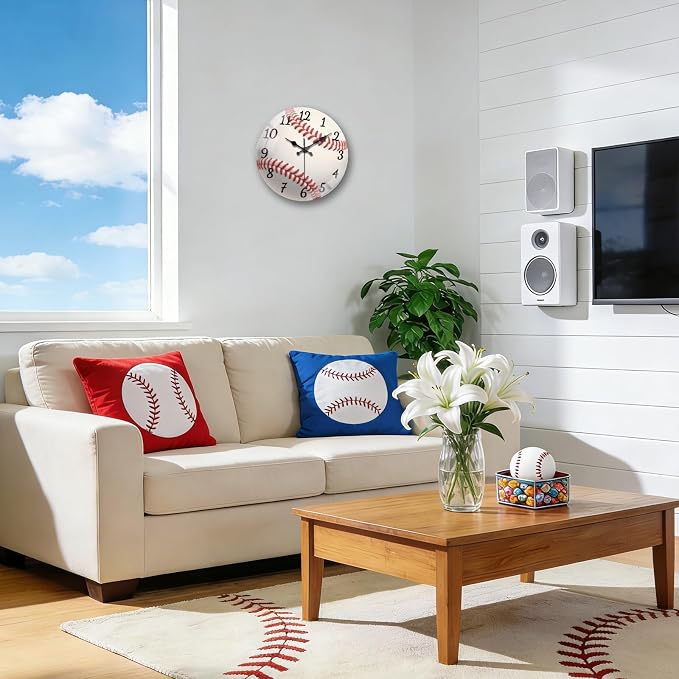 peacoblue Wall Clocks Battery Operated 12 Inch Baseball Glass Round Wall Clock Non Ticking for Kitchen Living Room Dining Room Bedroom and Bathroom Decor Accessories (Battery not Included)