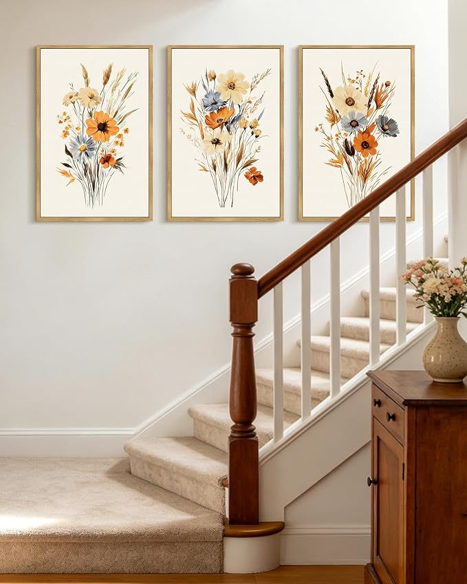KUVIOKE Vintage Wildflower Bouquet Framed Wall Art Retro Flower Botanical Pictures Illustrations Colorful Floral Hanging Decor 16x24in (Natural Framed)