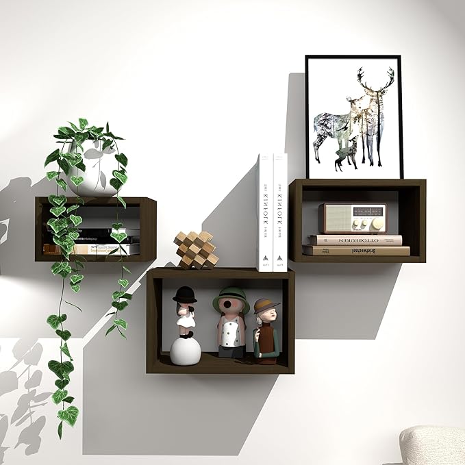 Premium Black Walnut Floating Cube Shelves, Eco-Friendly Wood Box-Style Wall Storage Display Set of 3 — Pre-Assembled, Ready to Use, Modern Decorative Wall Shelf Units for Living Room, Bedroom &Office
