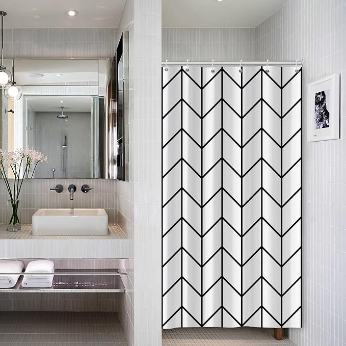 Boho Herringbone Shower Curtains Black White Zig Zag Geometric Bathroom Curtain Minimalist Abstract Polyester Shower Curtain Sets for Bathroom Extra Long 36x72 in with 6 Hooks