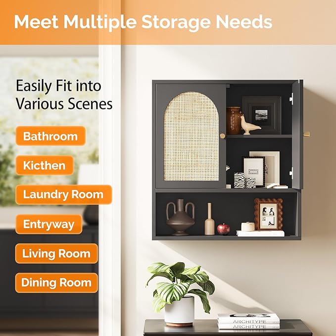 VINGLI Black Rattan Medicine Cabinet Wall Mounted, Arched Modern Farmhouse Storage Over Toilet with Adjustable Shelf & Soft-Close Doors, Moisture-Resistant Cane Webbing Organizer