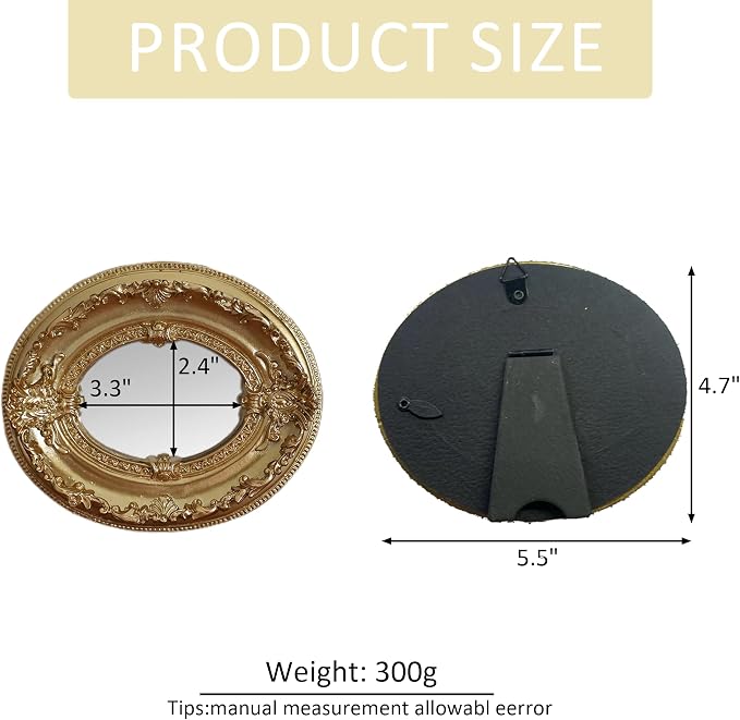 Golden Mini Vintage Mirror with Exquisite Relief Elegant Wall Decor for Bedroom Dresser Table Compact Resin Retro Design (Golden Oval, 4.7 X5.5)