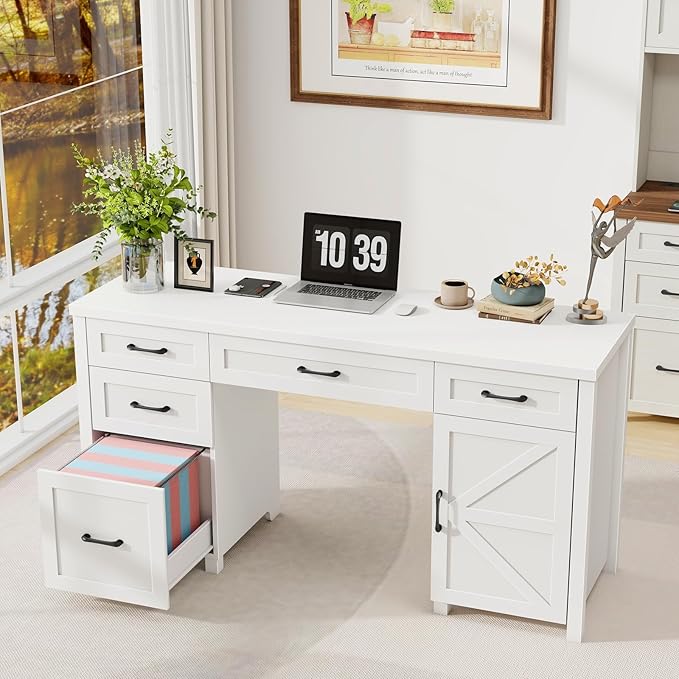 Vabches Farmhouse 61'' Executive Desk with 5 Drawers, Rustic Office Desk Computer Table with File Drawers and Storage Cabinet, Wood Workstation for Study and Home Office,(Cream White)