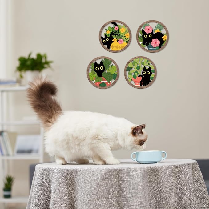 TOARTi 4PCS Boho Black Cat Wall Art Farmhouse Floral Cat Hanging Wood Sign Botanical Kitten Wall Decor Plant Cats Room Decor Floral Leaves Cat Wooden Sign for Living Room Bedroom Decoration