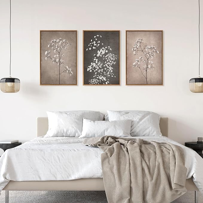 FWIEXA 3 Piece Neutral Canvas Wall Art for Bedroom Living Room, Framed 16x24 Inches Botanical Prints Set, Minimalist Wildflower Wall Decor, Large Modern Plant Painting