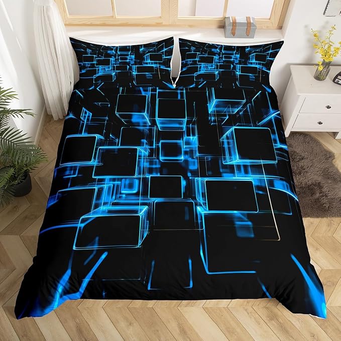 Erosebridal Blue and Black Kids Bedding Set, Modern Geometric Square Duvet Cover for Boys Girls Gradient Neon Light Honeycomb Bed Cover Abstract Bed Set Twin 2 Pieces