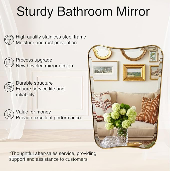 POZINO Brushed Gold Beveled Mirror, 30"x48" Vanity Mirror for Over Sink, Large Rectangle Floor Mirrors for Dressing, Irregular Shaped Wall Mirrors for Living Room Bathroom Bedroom Hallway Entryway