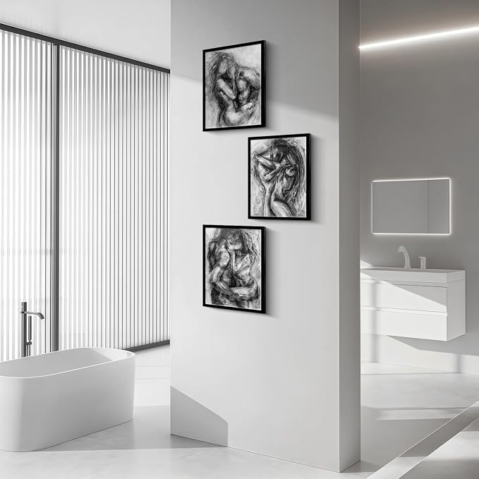 3Pcs Framed Black and White Canvas Wall Art Abstract Nude Prints Couple Modern Gallery Style Painting Pen sketch Posters Decorations Bedroom Living Room Bathroom 12x16 Inch Ready to Hang