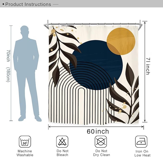 Miyotaa Abstract Minimalist Shower Curtain Set 60Wx71H Inches Aesthetic Modern Contemporary Plant Leaves Neutral Navy Blue Mustard Yellow Polyester Waterproof Bathroom Curtain with 12 Hooks