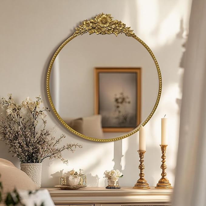 Vintage Round Mirror, 28" Baroque Style Circular Mirror, Antique Metal Frame Wall Mirror, Traditional Art Home Decor for Dressing Table, Bathroom or Bedroom,Retro Gold