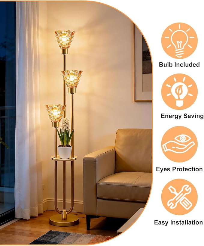 Lightdot Amber Glass Floor Lamp with Shelf, 63IN Mid Century Modern Gold Floor Lamps with 3 3000K Soft Warm White Bulbs Included, Standing Tall Lamp with 5Lbs Heavy Base for Living Room/Wedding/Office
