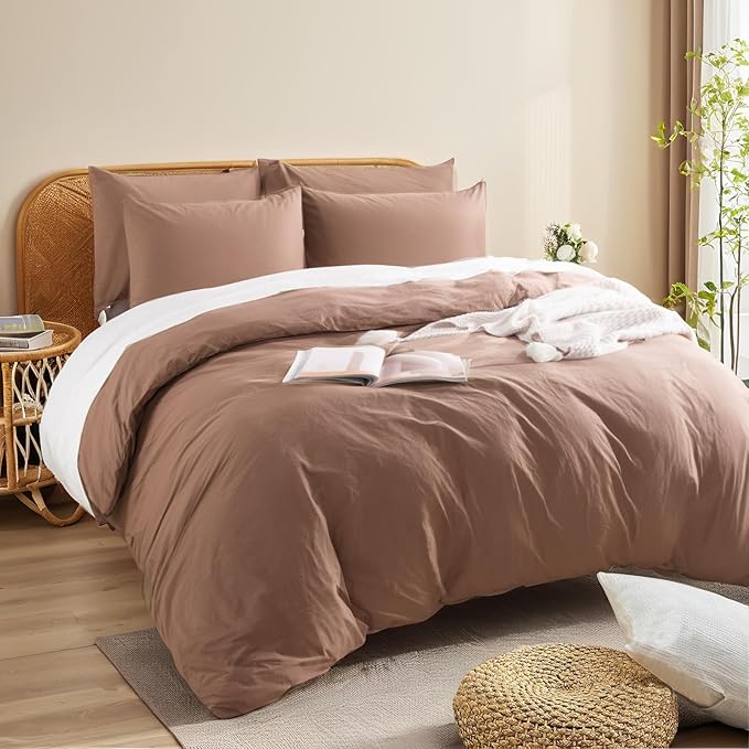 NEXHOME PRO Duvet Cover Set 100% Washed Cotton California King 104"x98", Organic Natural Linen Look Textured 3 Pieces Bedding Set Mocha Brown with Zipper Closure,Soft(No Comforter)
