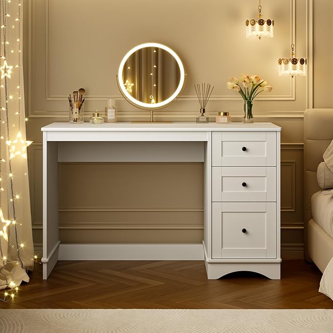 48”White Computer Desk with 3 Drawers, Modern Office Desk with Storage, Small Writing Desk for Bedroom, Living Room, Office
