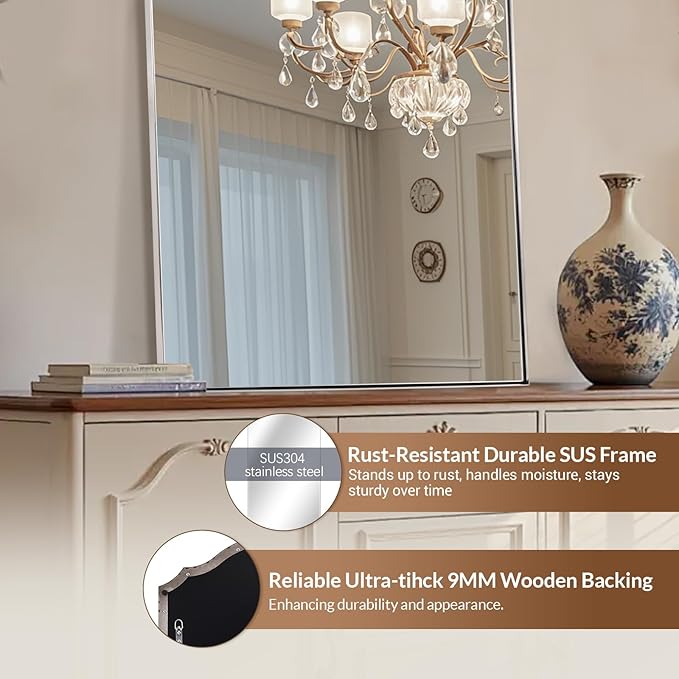 ANDY STAR Arched Mirror, 24 x 36 Inch Polished Chrome Bathroom Mirror with Stainless Steel Metal Frame, Arch Top Rounded Corner 1 Inch Deep Set Design Wall Mount Hangs Vertical