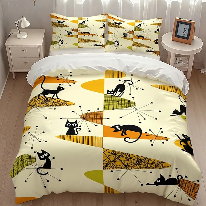 Geometry Modern Comforter Set,Mid Century Black Cat Abstract Atomic Geometric Vintage 1950s 1960s Pattern Print Yellow Bedding Set with Pillowcase for Bedroom Bed Decor，Twin 86"x70"