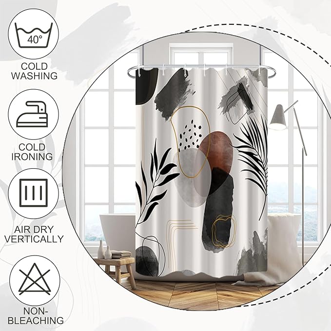 Baocicco Boho Shower Curtain Black Grey Plants Leaves Mid Century Modern Abstract Shower Curtains Decorative for Bathroom Waterproof Fabric Shower Curtain with Hooks 36x72 Inches