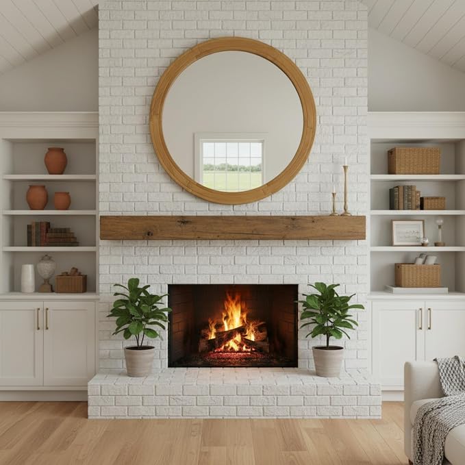 ZIYOO 30 Inch Round Wood Wall Mirror, Farmhouse Rustic Circle Mirror, Wall Mounted Decorative Mirror for Bathroom Vanity, Living Room, Entryway, Bedroom, Vanity, Hallway