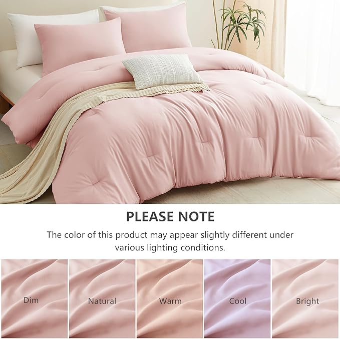 CozyLux California King Comforter Set Blush Pink, 3 Pieces Cal King Lightweight Down Alternative Quilted Bedding Sets, All Season Breathable Solid Comforter with 2 Pillowcases, Bed Set Gift for Home
