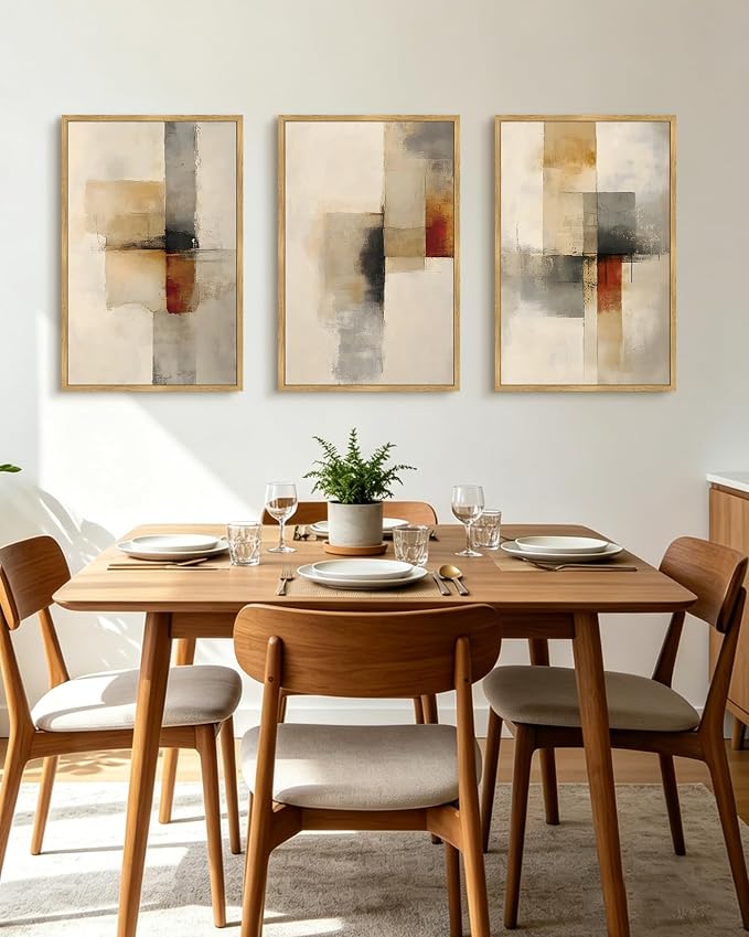 KUVIOKE Framed Abstract Wall Art Minimalist Beige Gray Red Pastel Watercolor Wall Decor Modern Neutral Art Print Home Decor 24x36in (Natural Framed)