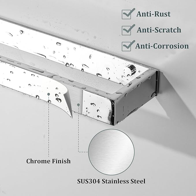 Sayayo Chrome Towel Bar for Bathroom, 12 Inch Hand Towel Holder Wall Mount, Screw or Self Adhesive Towel Ring Square SUS304 Stainless Steel, 3.2 Inch Wide
