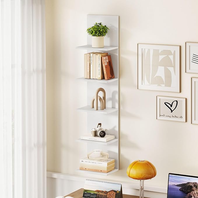 LOKO 5-Tier Wall Shelf, Vertical Column Storage Organizer with Expansion Screws, Decorative Wall Mounted Shelving, Floating Wooden Display Shelf for Living Room, Kitchen, Bathroom (2,White)