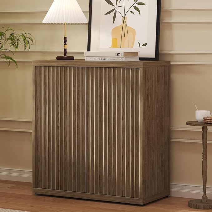 Fluted Sideboard Cabinet with Storage, Mid Century Modern Accent Cabinet, Wood Credenza Cabinets with Adjustable Shelves & Pop-up Doors Perfect for Entryway Kitchen Living Room, Brown