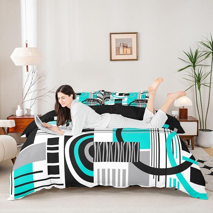 Erosebridal Art Deco Mid Century Duvet Cover Set Retro Modern Abstract Geometric Full Size Bedding Sets for Teen Boys Black and White Teal Circles Stripes Comforter Cover Contemporary Bed Set