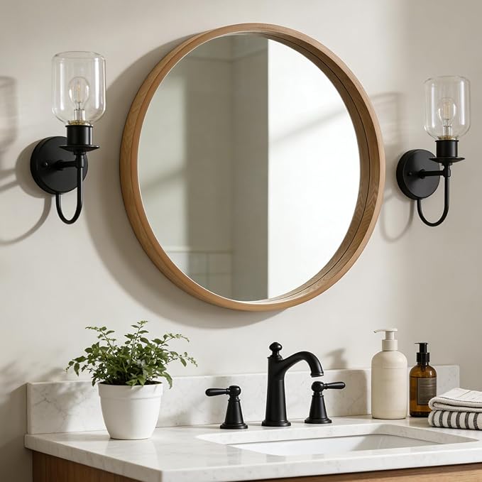 WallBeyond 28 Inch Natural Round Wood Mirror, Large Circle Wooden Frame Wall Mirror for Bathroom, Living Room, Bedroom, Entryway