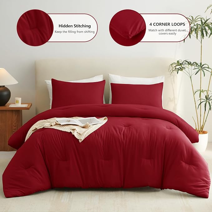 CozyLux California King Comforter Set Dark Red, 3 Pieces Cal King Lightweight Down Alternative Quilted Bedding Sets, All Season Breathable Solid Comforter with 2 Pillowcases, Bed Set Gift for Home