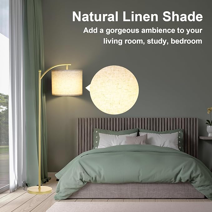 LALISU Floor Lamp for Living Room, Dimmable Floor Lamp with Foot-Step Switch Standing Lamp with Linen Shade Reading Lamp for Living Room Bedroom Office Dining Room, 9W Bulb Included (Gold)