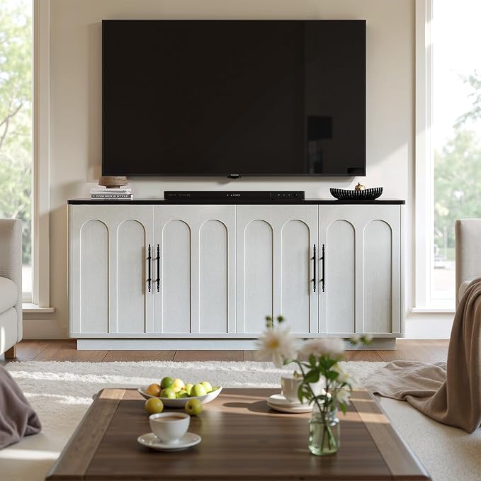 Evermagin 67" Arched Buffet Cabinet with Storage, Warm White 4-Door Sideboard Credenza, Mid Century Modern Storage Cabinet for Kitchen, Dining Room and Living Room, 67" W x 31.5" H x 15.7" D
